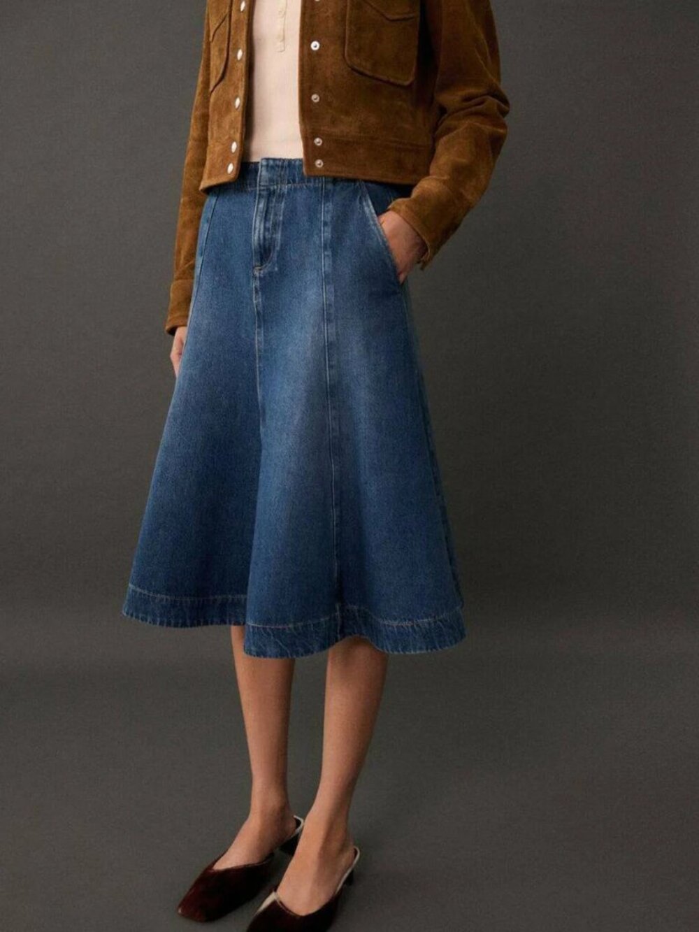 Mango A-Line Denim Jeans Midi Skirt Size SMALL *Excellent Pre-owned Condition*